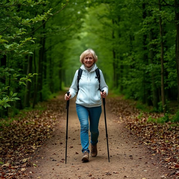 женщина средних лет идет по грунтовой тропе в лесу